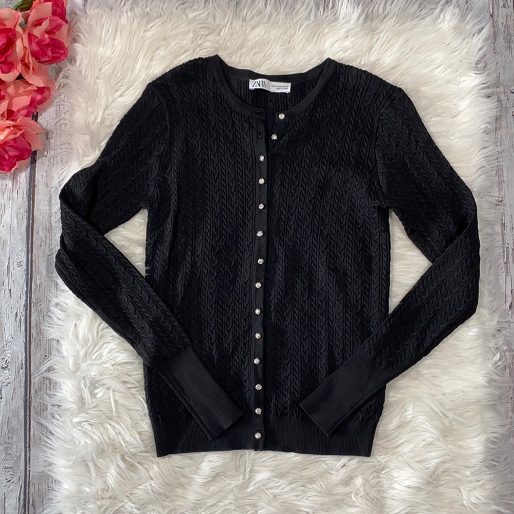 ZARA Crystal Button Cable Knit Black Cardigan Sz M